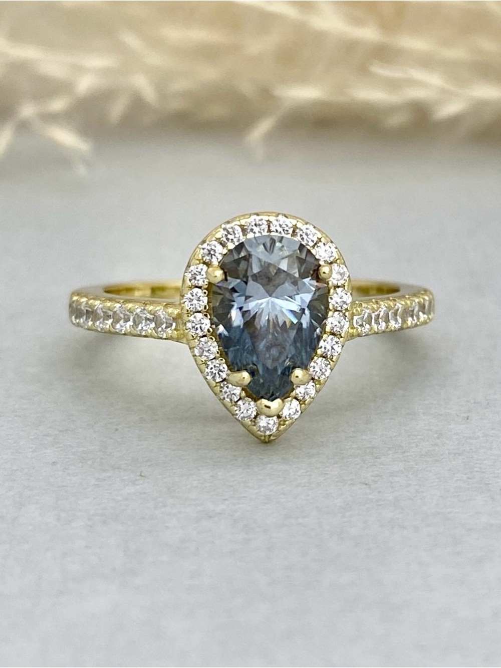 Yellow Gold Pear Gray Blue Moissanite Diamond Sterling Silver Halo Pave CZ Ring